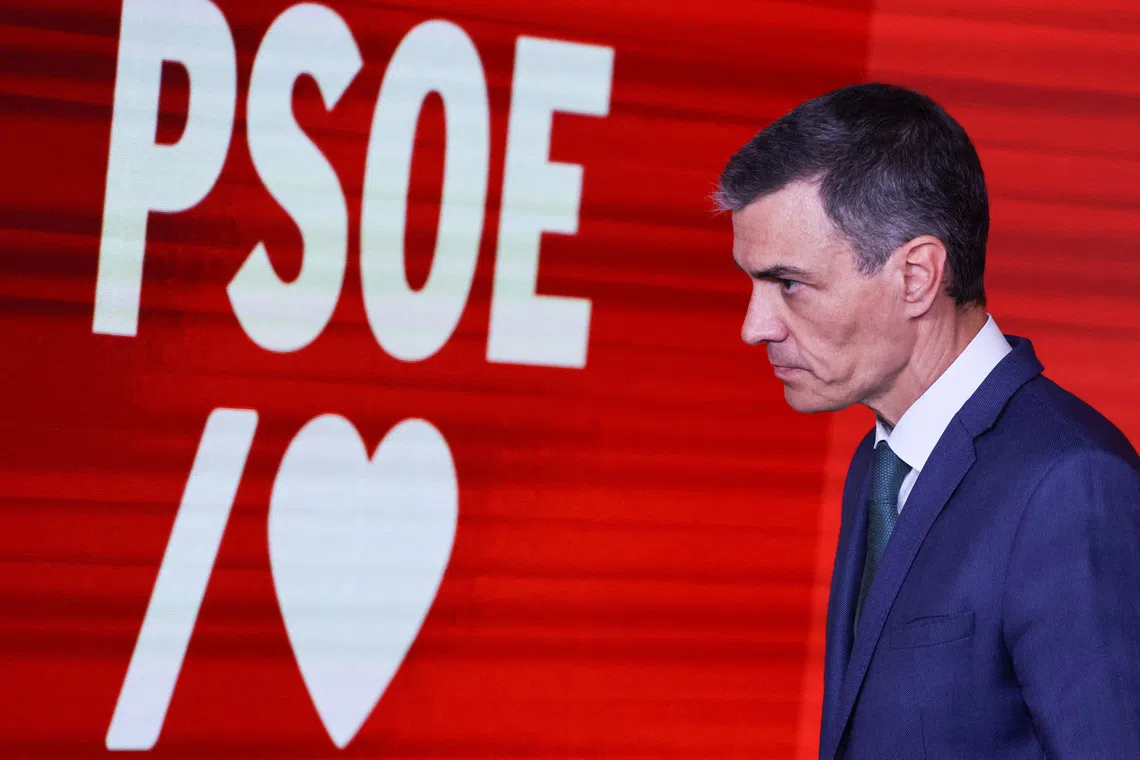 FILE PHOTO: Spain's Prime Minister Pedro Sanchez, who is also a leader of the Socialist ruling party (PSOE), holds a press conference in Madrid, Spain June 16, 2025. REUTERS/Nacho Doce/File Photo