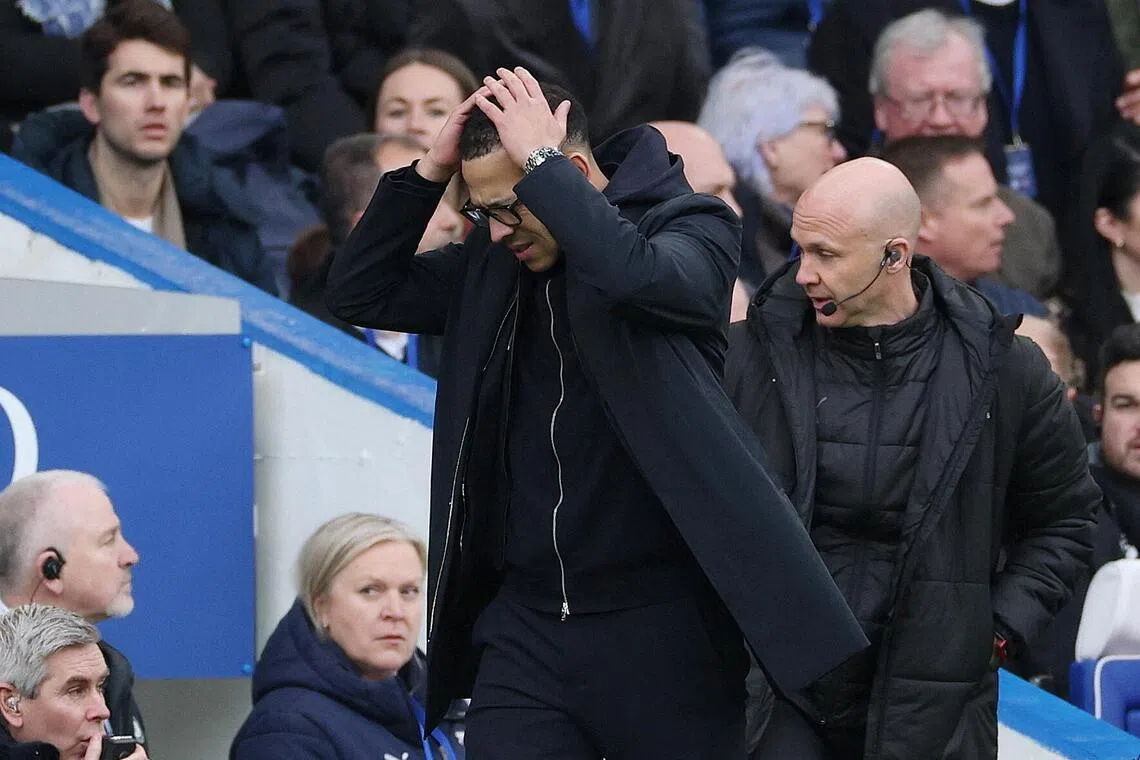 Chelsea manager Liam Rosenior reacting during the 1-1 English Premier League draw against Burnley at Stamford Bridge on Feb 21, 2026.