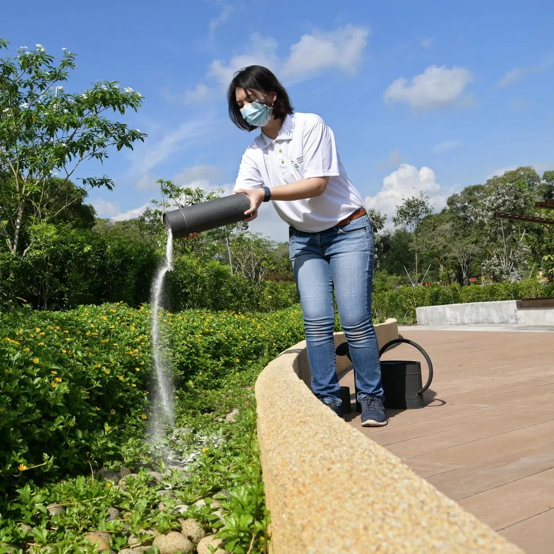 An NEA officer demonstrating the scattering of ashes – sand was used in this demonstration – at the Garden of Peace. The facility was developed in response to interest expressed by the public for such practices to be made available in Singapore.