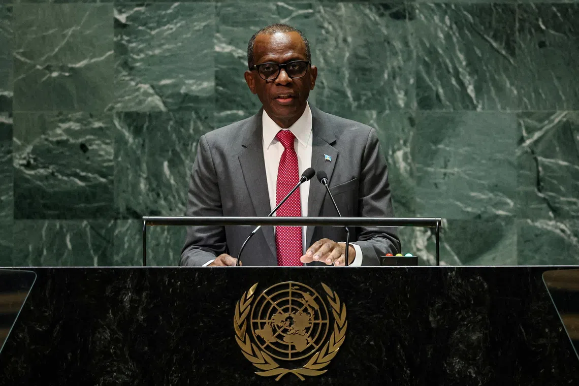 Saint Lucia's Prime Minister Philip Joseph Pierre addresses the 78th Session of the U.N. General Assembly in New York City, U.S., September 22, 2023. REUTERS/Brendan McDermid