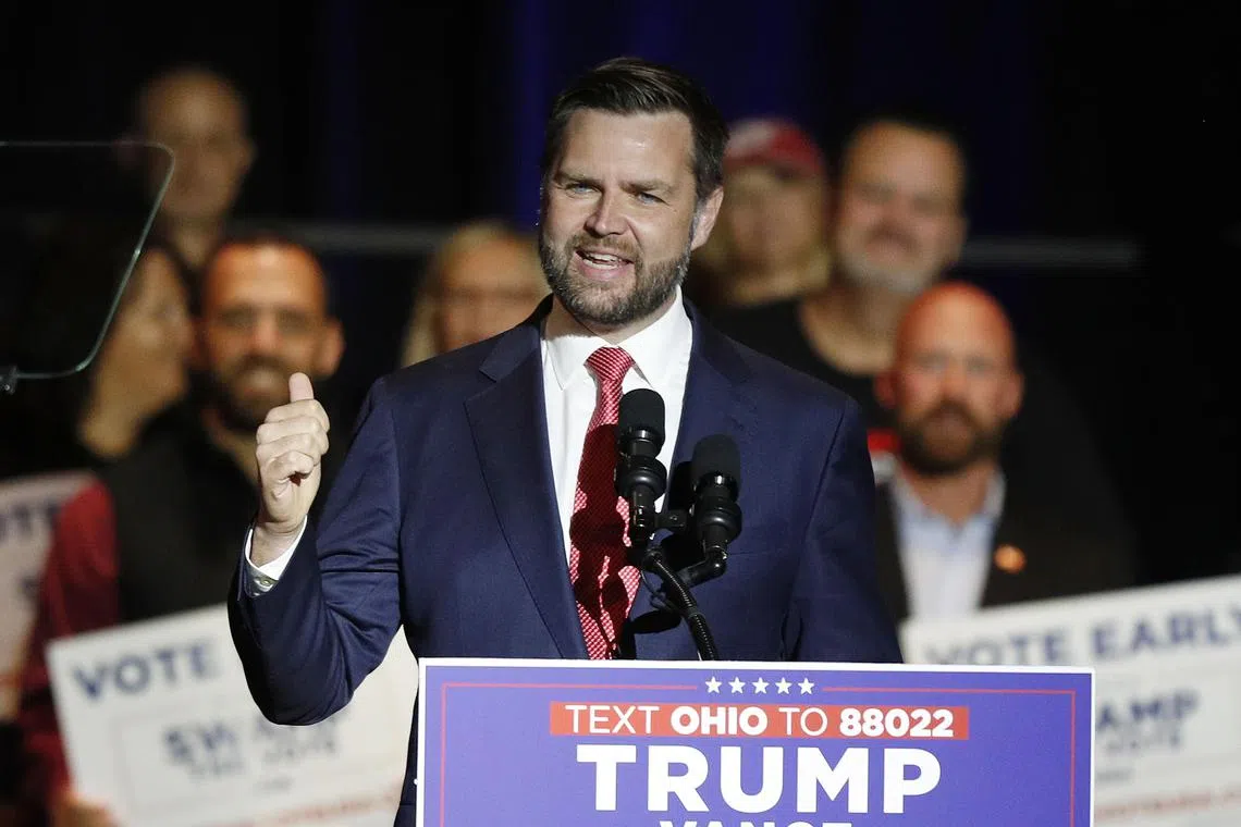 epa11491937 J.D. Vance, Ohio senator and Republican vice presidential candidate, speaks during a campaign rally at Middletown High School in his hometown, Middletown, Ohio, USA, 22 July 2024.  EPA-EFE/DAVID MAXWELL