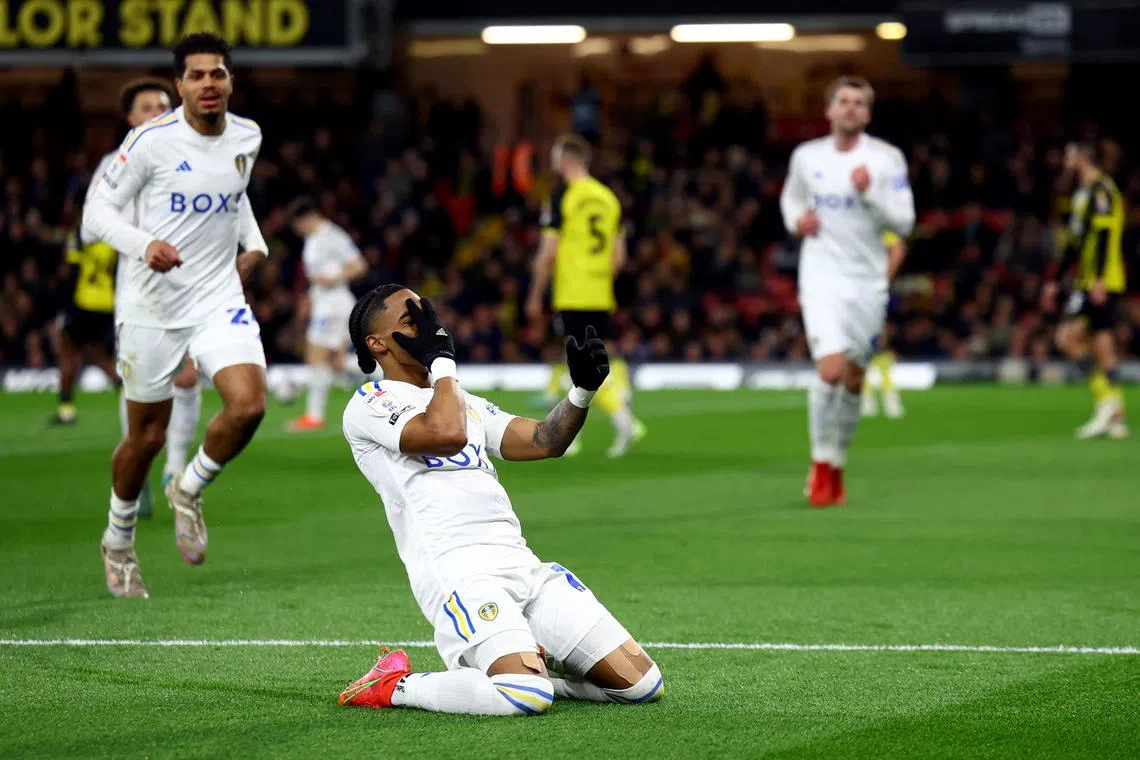FILE PHOTO: Soccer Football - Championship - Watford v Leeds United - Vicarage Road, Watford, Britain - March 29, 2024 Leeds United's Crysencio Summerville celebrates scoring their first goal Action Images/Paul Childs/File photo