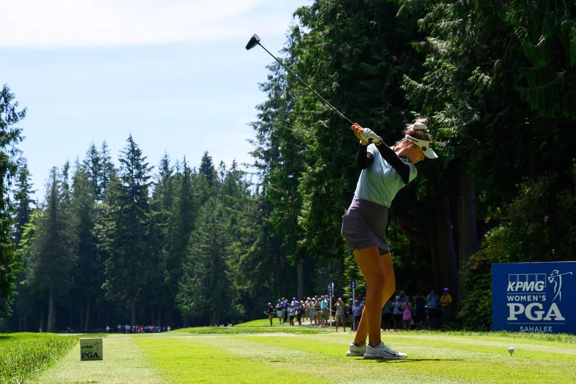 Nelly Korda tees off on the second hole during the second round of the Women's PGA Championship.