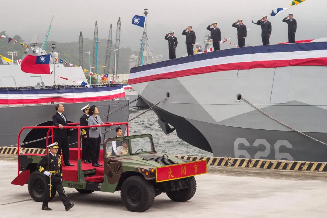 Taiwan's President Tsai Ing-wen (on vehicle) attends the inauguration ceremony of home-made corvette warships in Yilan, Taiwan on March 26, 2024.