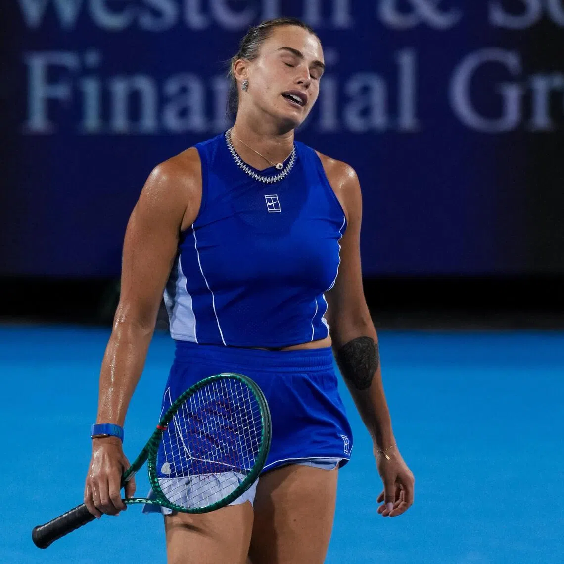 Aryna Sabalenka reacts after returning a shot against Czech Sara Bejlek during their last-16 match at the Cincinnati Open. Sabalenka lost 7-6 (9-7), 6-4 despite holding a 5-1 lead in the first-set tiebreak and a 4-1 advantage in the second set.
