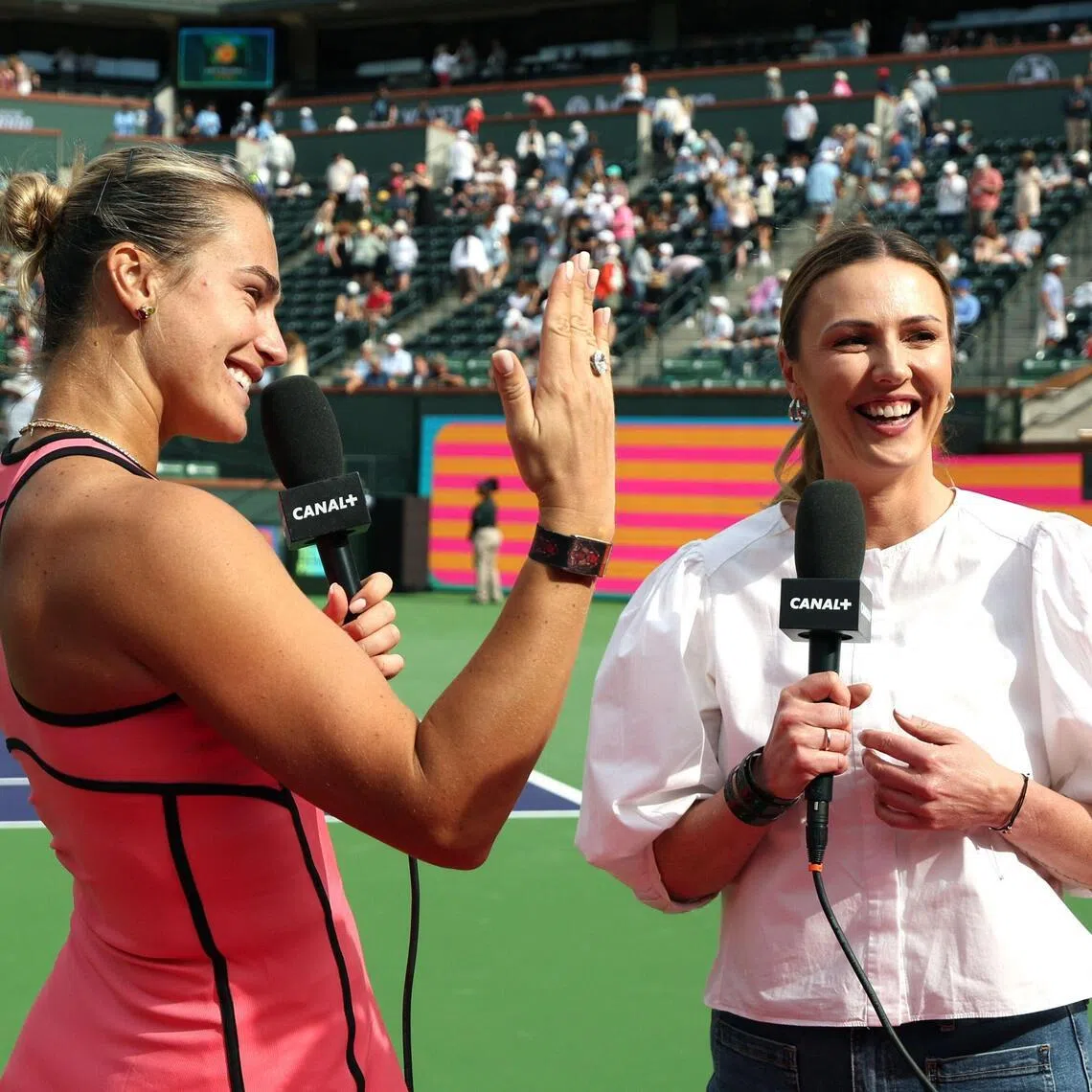 World No. 1 Aryna Sabalenka of Belarus showing off her engagement ring during an interview with Joanna Sakowicz Kostecka after her 6-4, 6-2 Indian Wells second-round win over Japan's Himeno Sakatsume at Indian Wells Tennis Garden on March 6, 2026.