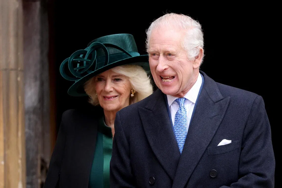Britain's King Charles and Queen Camilla leave after attending an Easter church service at Windsor Castle on March 31.