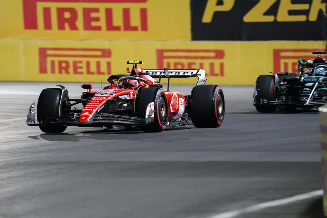 Nov 17, 2023; Las Vegas, Nevada, USA;  Scuderia Ferrari driver Carlos Sainz (55) of Spain drives during the qualifiers at the Las Vegas Strip Circuit. Mandatory Credit: Lucas Peltier-USA TODAY Sports/ File photo