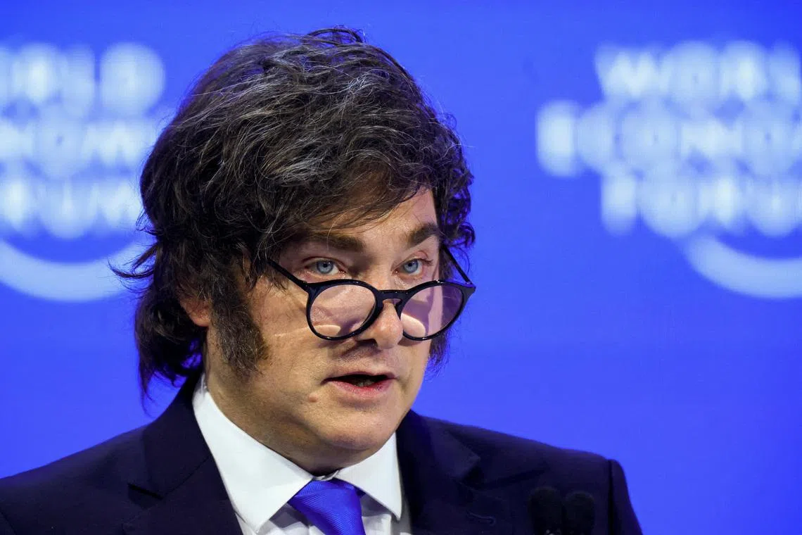 Argentina's President Javier Milei speaks during the 56th annual World Economic Forum (WEF) meeting in Davos, Switzerland, January 21, 2026. REUTERS/Denis Balibouse