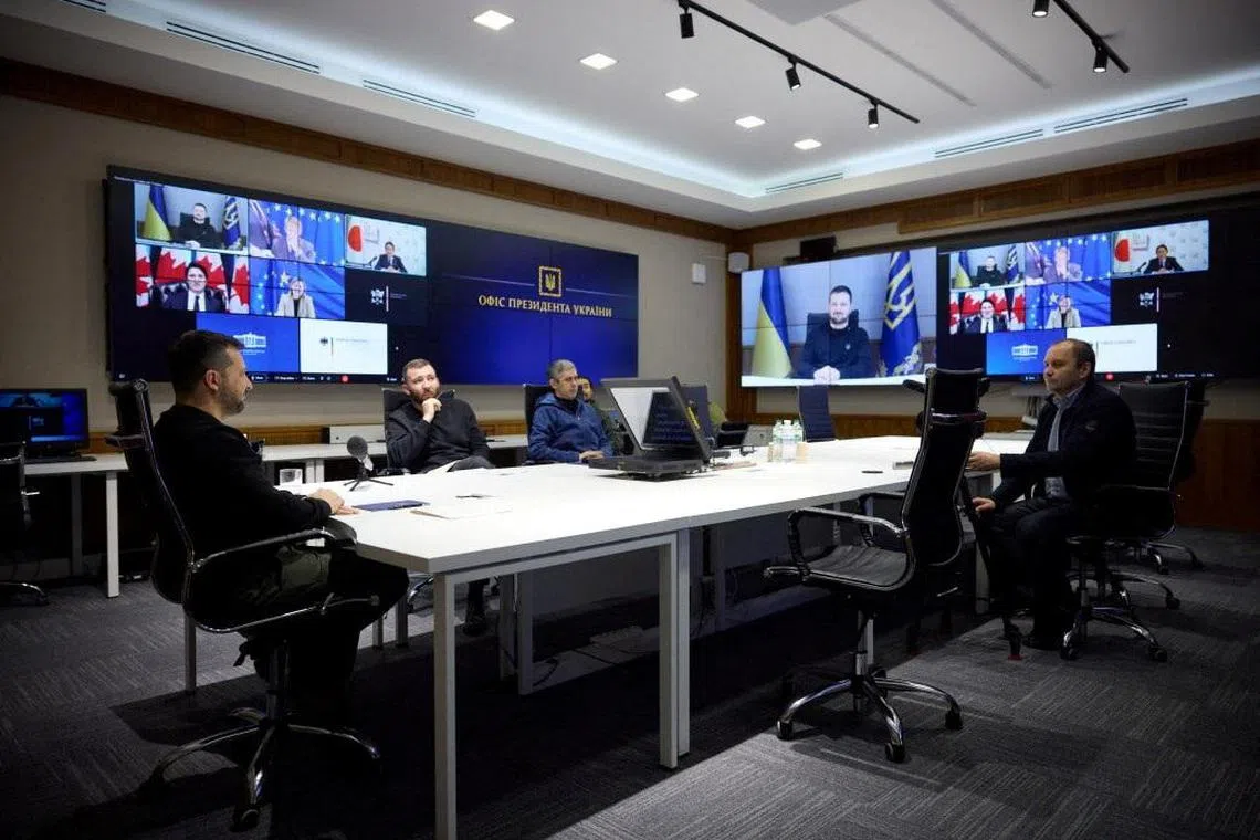 Ukraine's President Volodymyr Zelenskiy attends a video conference with G7 Leaders', amid Russia's attack on Ukraine, in Kyiv, Ukraine December 6, 2023. Ukrainian Presidential Press Service/Handout via REUTERS ATTENTION EDITORS - THIS IMAGE HAS BEEN SUPPLIED BY A THIRD PARTY.