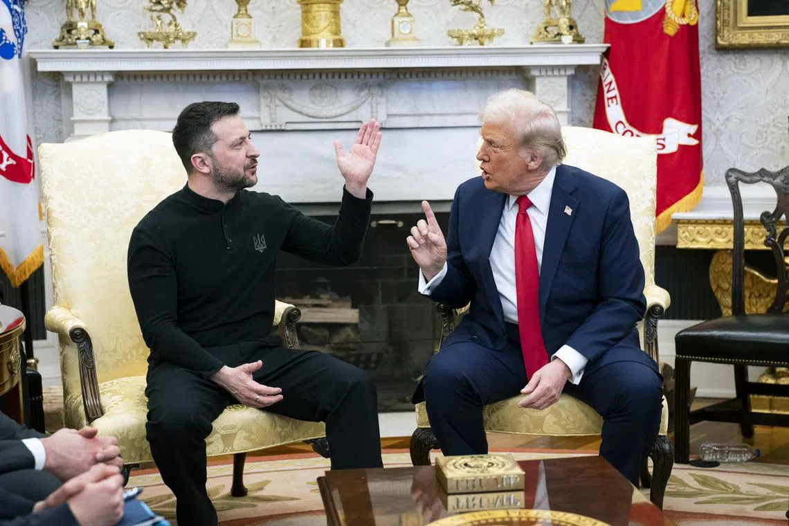 President Donald Trump (right) clashed with Ukrainian President Volodymyr Zelensky in the Oval Office of the White House, on Feb 28.