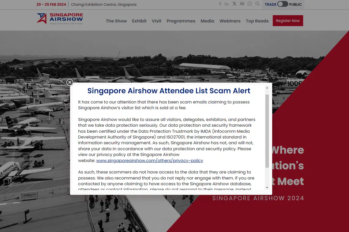 The notice can be seen on the Singapore Airshow's trade website.