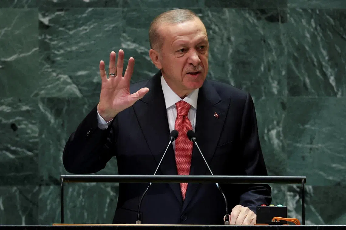 Turkey's President Tayyip Erdogan addresses the 79th United Nations General Assembly at U.N. headquarters in New York, U.S., September 24, 2024.  REUTERS/Mike Segar
