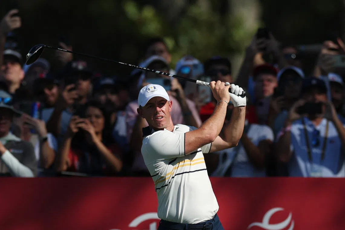 Golf - The 2025 Ryder Cup - Bethpage Black Golf Course, Farmingdale, New York, United States - September 28, 2025 Team Europe's Rory McIlroy hits his tee shot on the 12th hole during the singles REUTERS/Paul Childs