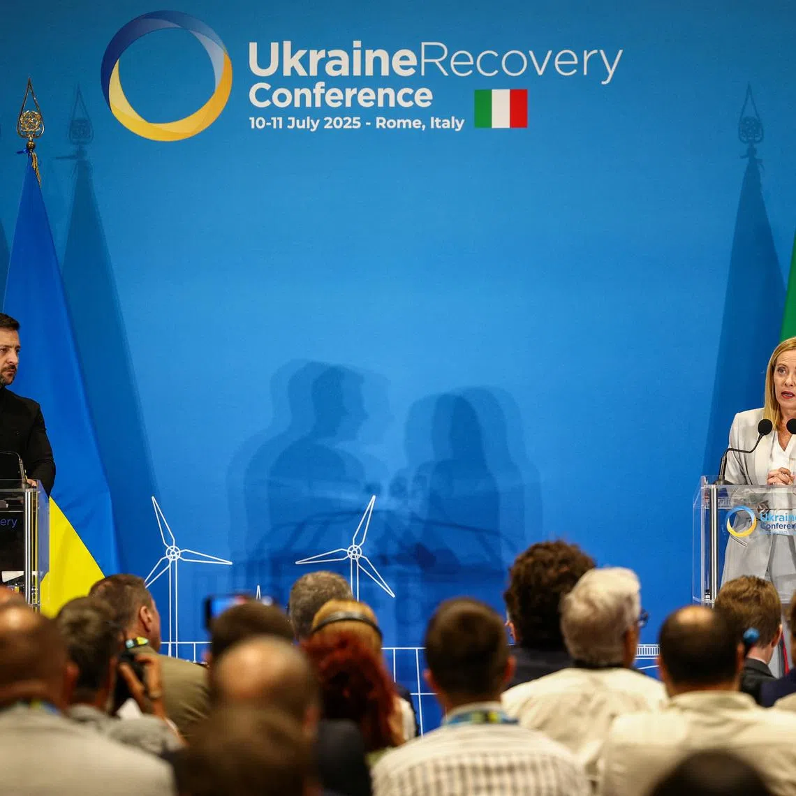 Italian Prime Minister Giorgia Meloni and Ukrainian President Volodymyr Zelenskiy attend a press conference on the first day of the two-day Ukraine Recovery Conference (URC2025), on plans for the reconstruction of Ukraine, in Rome, Italy, July 10, 2025. REUTERS/Guglielmo Mangiapane/File Photo