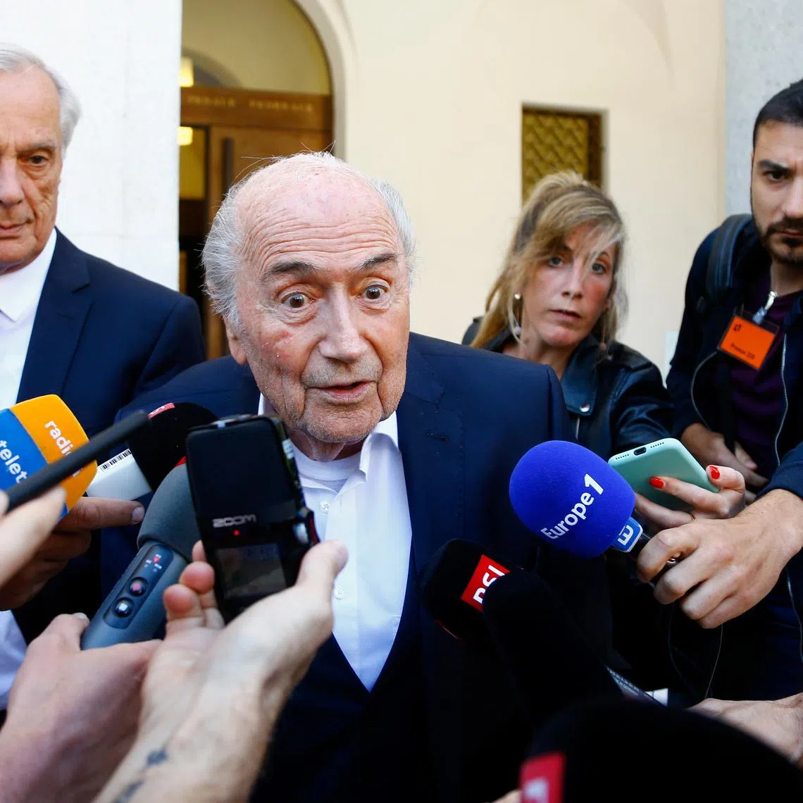 FILE PHOTO: Former FIFA president Sepp Blatter speaks to the media in front of the Swiss Federal Criminal Court in Bellinzona, Switzerland June 9, 2022. REUTERS/Arnd Wiegmann/File Photo