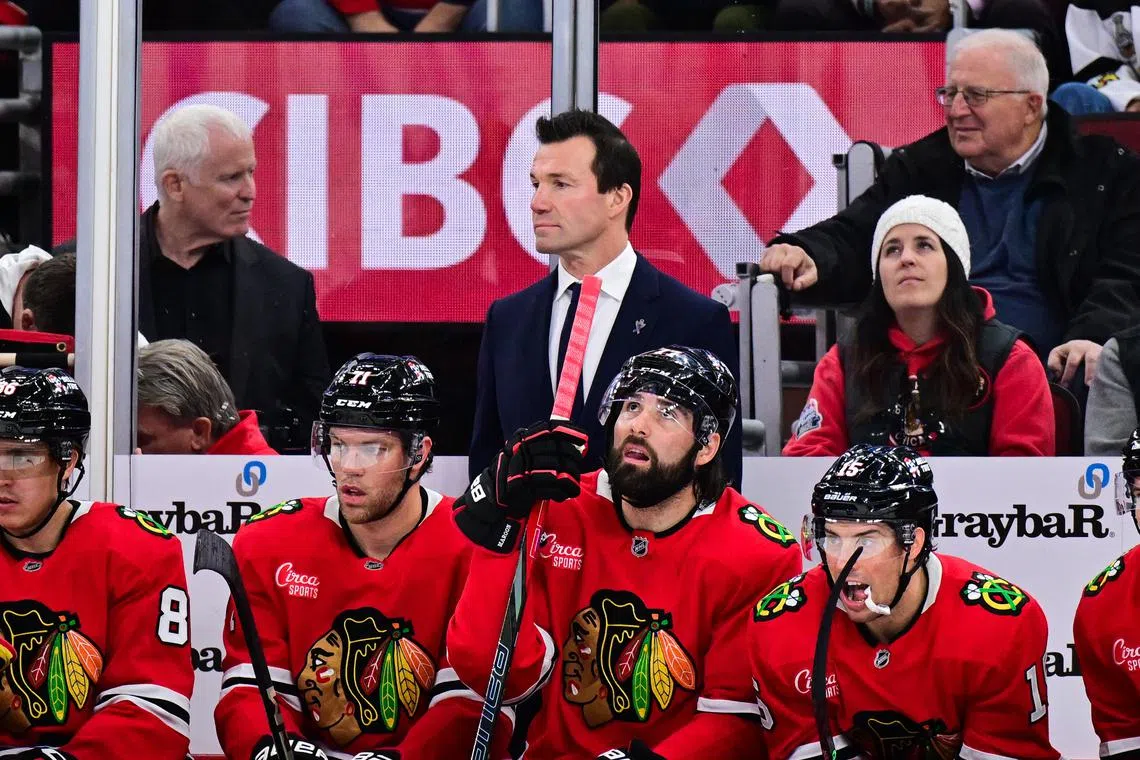 Nov 21, 2024; Chicago, Illinois, USA; Chicago Blackhawks head coach Luke Richardson looks on against the Florida Panthers during the first period at the United Center. Daniel Bartel-Imagn Images/File Photo