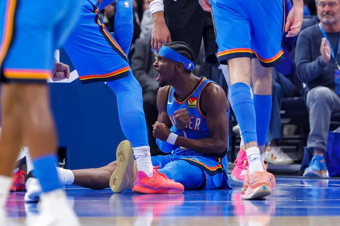 Oklahoma City Thunder guard Shai Gilgeous-Alexander shouting and celebrating after a basket during the 122-95 win over the Portland Trail Blazers at Paycom Center on Nov 23, 2025.
