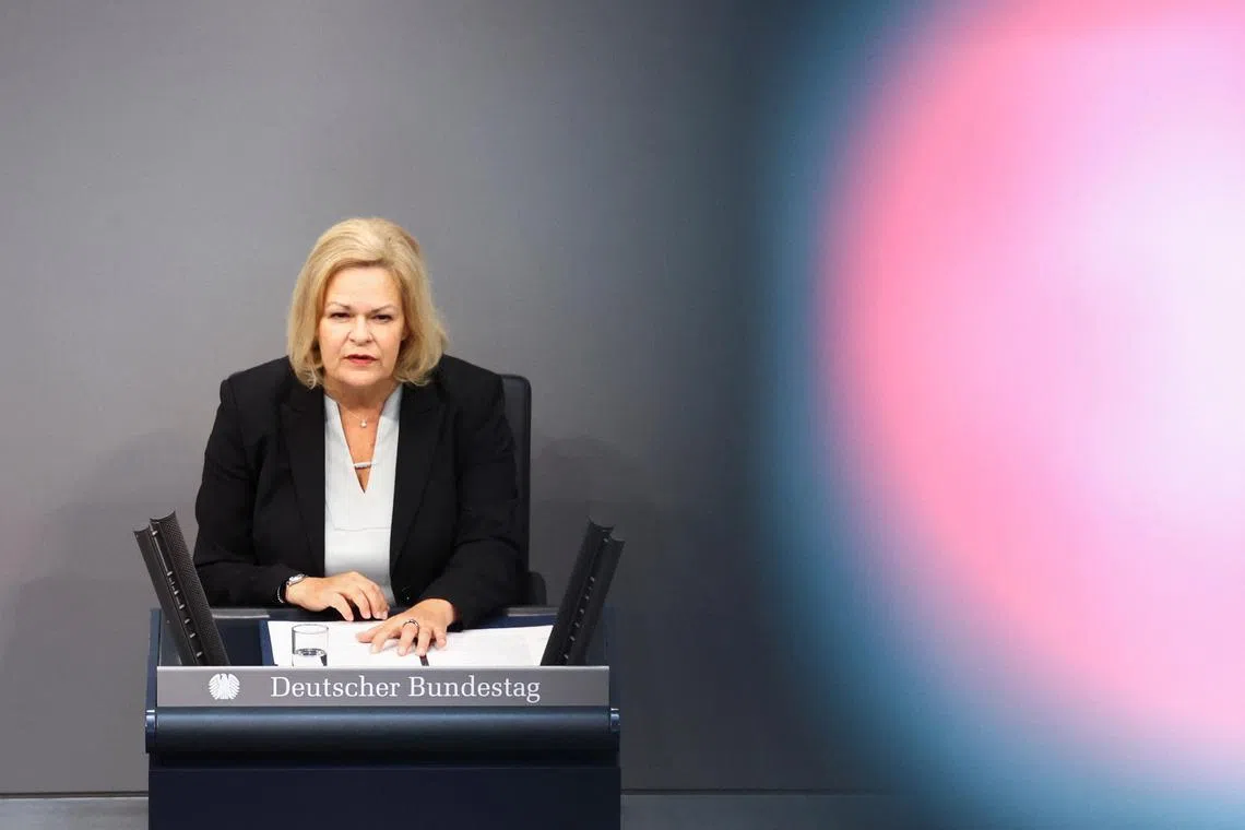 FILE PHOTO: German Interior Minister Nancy Faeser addresses the lower house of parliament Bundestag on migration, in Berlin, Germany, September 12, 2024. REUTERS/Liesa Johannssen/File Photo