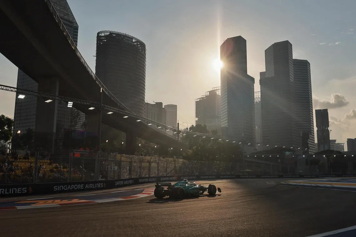  Fernando Alonso of Aston Martin Aramco Cognizant F1 Team in action during a practice session at the Formula One Singapore Airlines Singapore Grand Prix at Marina Bay street circuit on Sept 16.