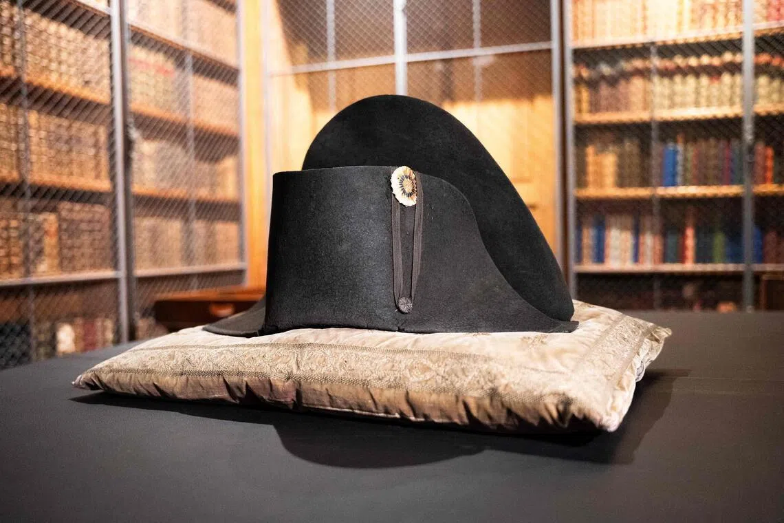 The black felt bicorne is thought to have been worn by French emperor Napoleon Bonaparte during his exile on the island of Saint Helena in the Atlantic Ocean.