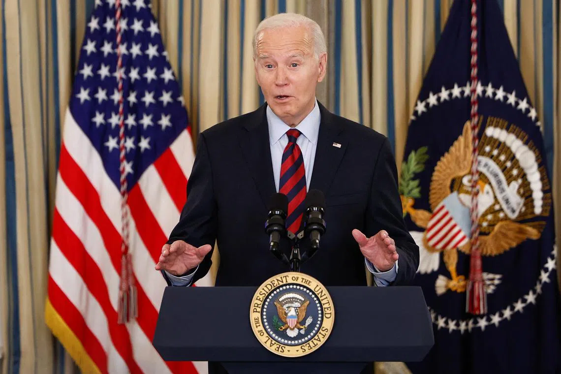 U.S. President Joe Biden delivers remarks before a meeting of his Competition Council, in the State Dining Room at the White House in Washington, U.S., March 5, 2024. REUTERS/Evelyn Hockstein