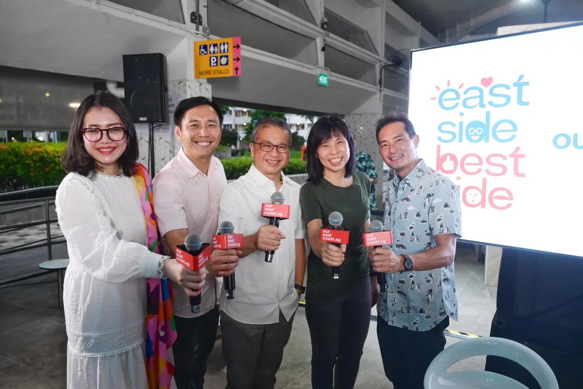 ST20250415_202509400102 Azmi Athni jleast15
PAP’s East Coast GRC team (From left) Hazlina Abdul Halim, Goh Pei Ming, Edwin Tong, Tan Kiat How, and Jessica Tan, during the launch of their new digital platform showcasing stories of the community at Bedok Food Centre and Market on April 15, 2025.

ST PHOTO: AZMI ATHNI