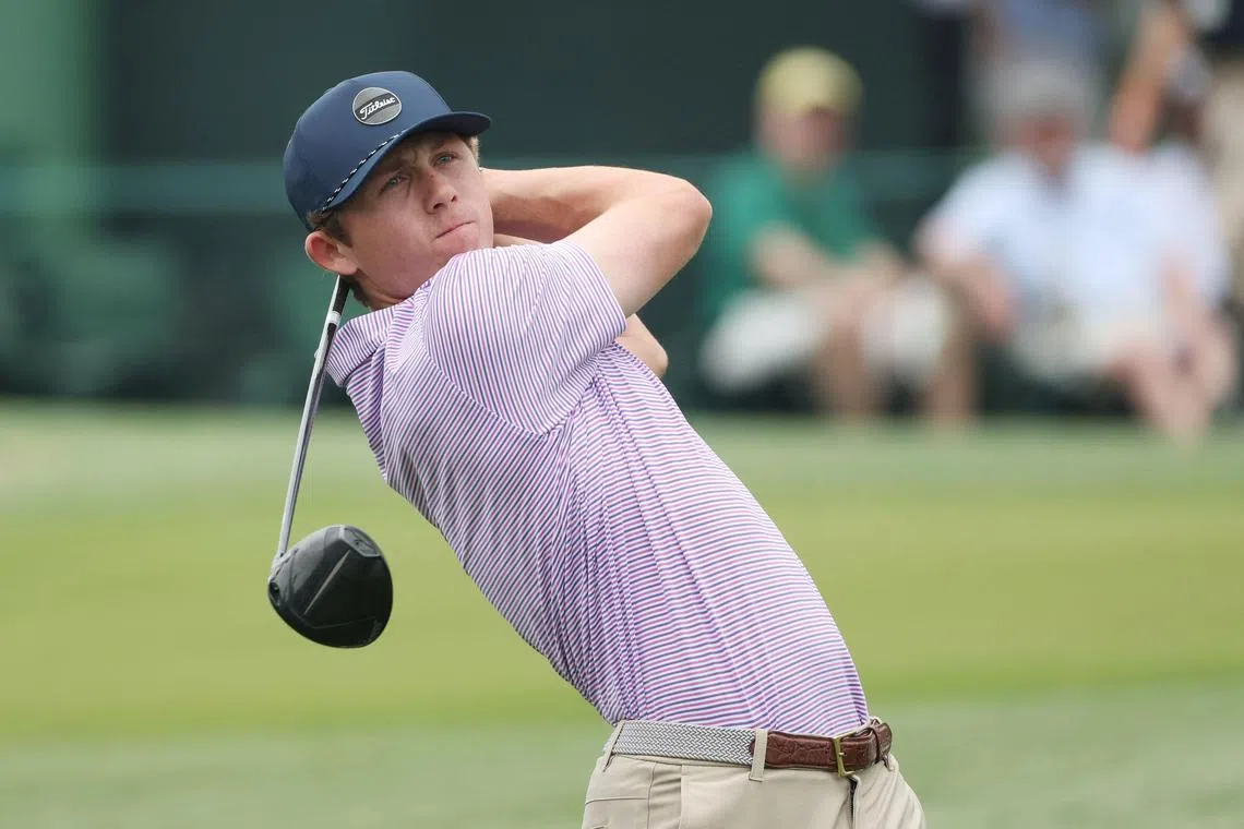 Amateur Gordon Sargent playing his shot from the third tee during a practice round at the Masters at Augusta National Golf Club.