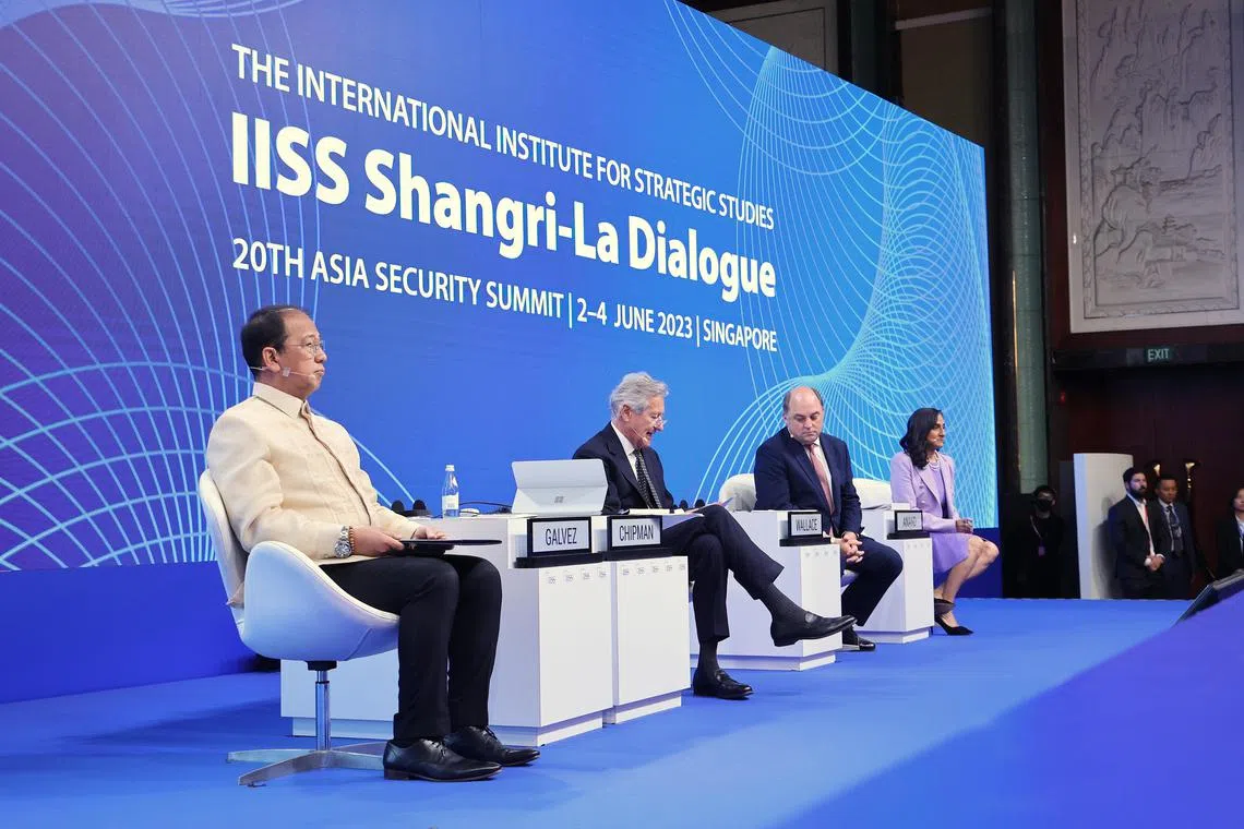 (From left) Mr Carlito Galvez Jr, senior undersecretary and officer-in-charge of the Philippines’ Department of National Defence, British defence secretary Ben Wallace and Canadian defence minister Anita Anand.