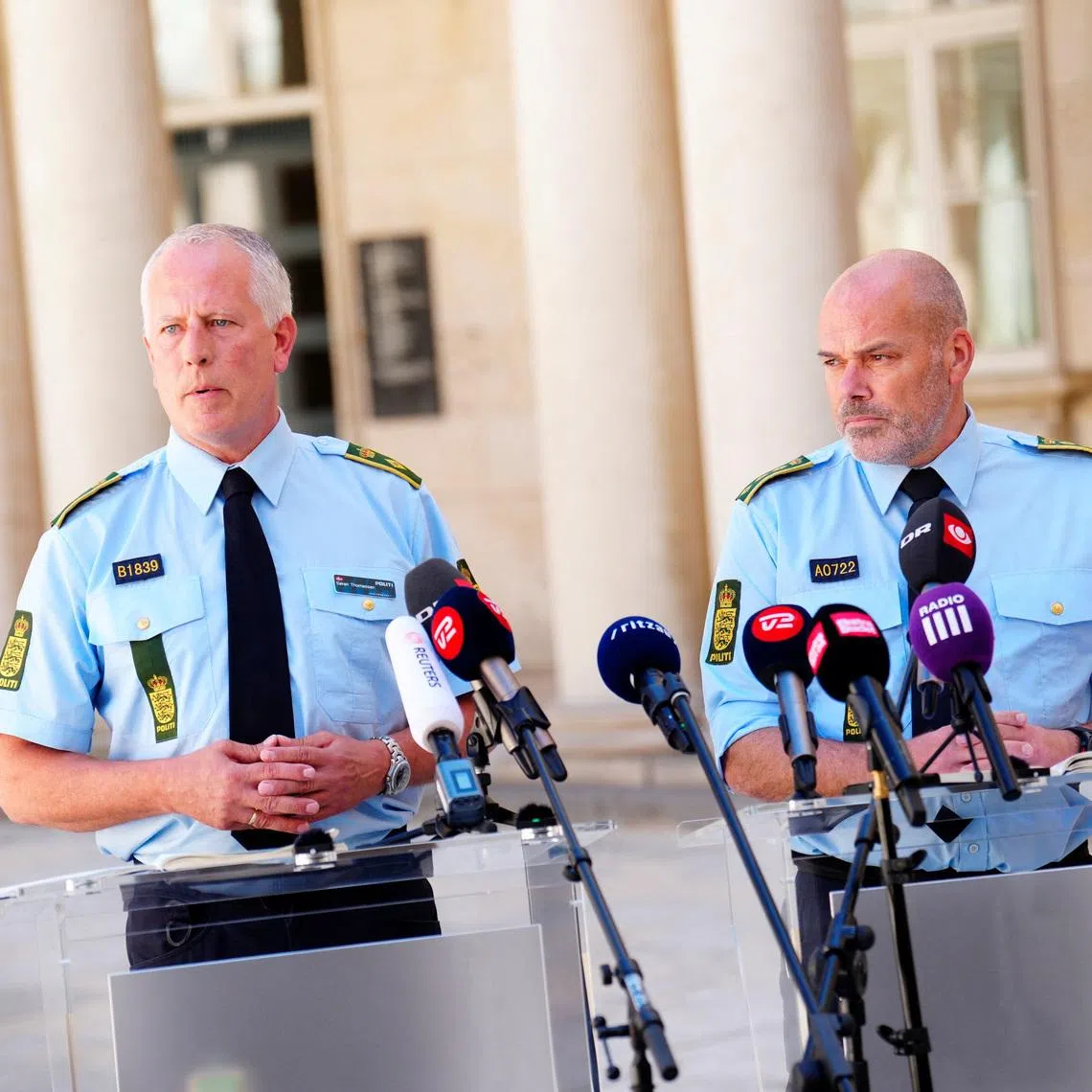 Chief Police Inspector Soeren Thomassen and Police Inspector Mads Helios comment on reports on drone observations over Copenhagen Airport last year, at a press briefing at the Police Headquarters in Copenhagen, Denmark, June 25, 2026.  Ritzau Scanpix/Ida Marie Odgaard via REUTERS