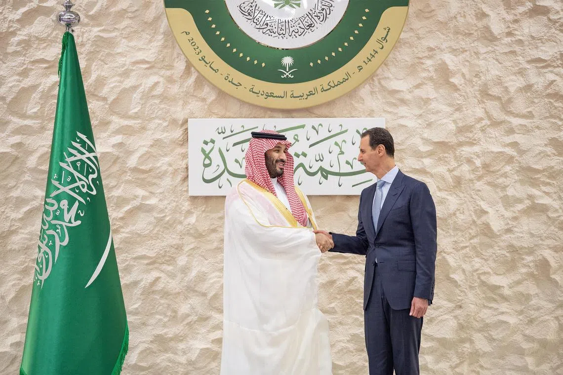 Saudi Crown Prince Mohammed bin Salman (left) receiving Syrian President Bashar al-Assad prior to the Arab League summit in Jeddah.