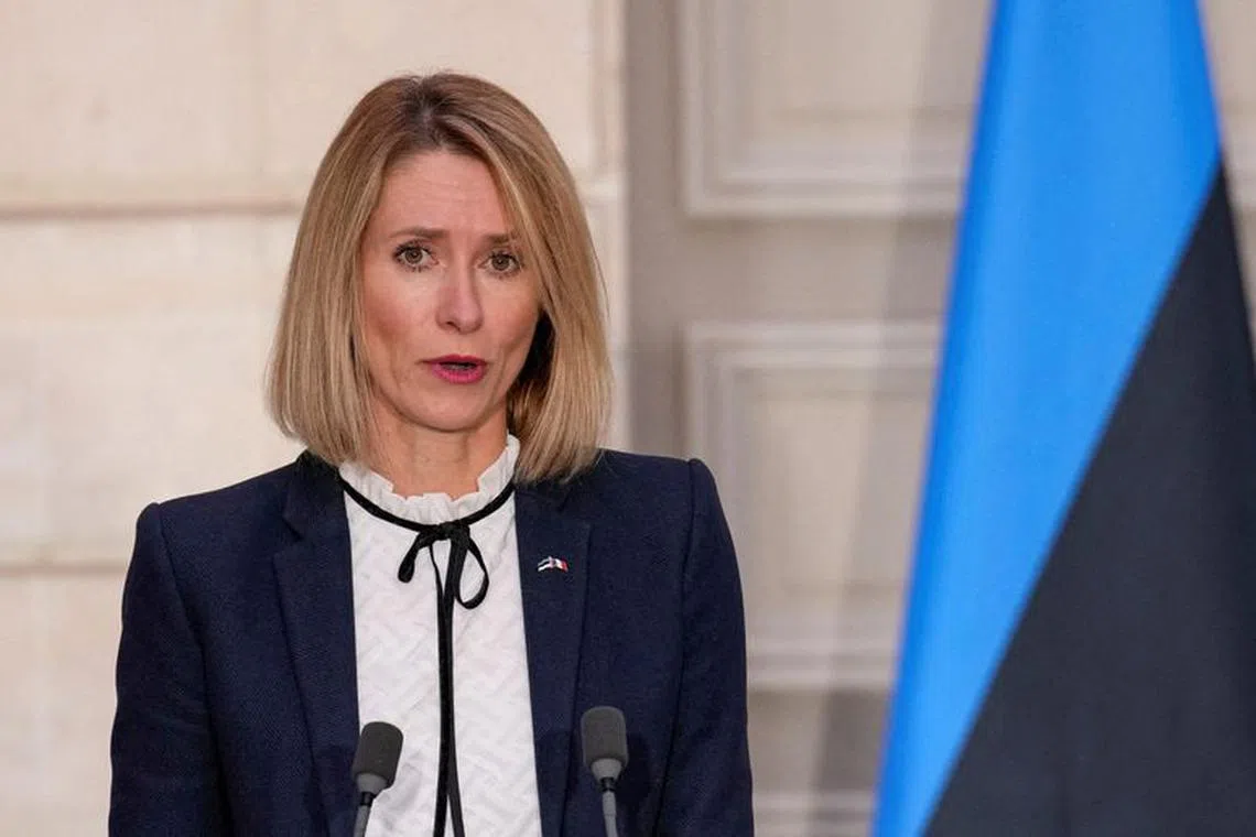 FILE PHOTO: Estonia's Prime Minister Kaja Kallas attends a joint press conference with France's President Emmanuel Macron at the Elysee Palace in Paris, France, Oct. 18, 2023. Christophe Ena/Pool via REUTERS//File Photo