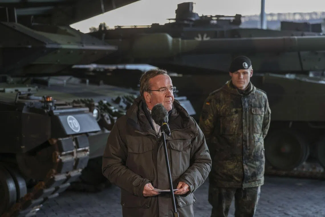 Mr Pistorius speaks to the media, during a presentation of Leopard battle tanks destined for Ukraine, in Augustdorf, Germany, on Feb 1, 2023. 