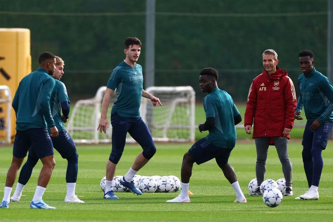 Soccer Football - Champions League - Arsenal Training - Arsenal Training Centre, London Colney, Britain - October 23, 2023 Arsenal's Declan Rice, Bukayo Saka, Emile Smith Rowe, Reiss Nelson and Eddie Nketiah during training Action Images via Reuters/Matthew Childs/File Photo