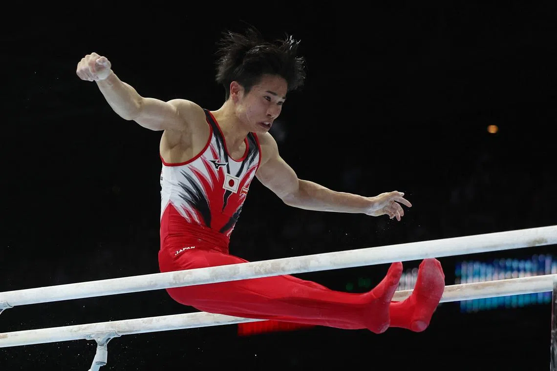 Gymnastics - 2023 World Artistic Gymnastics Championships - Sportpaleis, Antwerp, Belgium - October 8, 2023 Japan's Kazuma Kaya in action on the parallel bars during the men's apparatus finals REUTERS/Yves Herman/File Photo