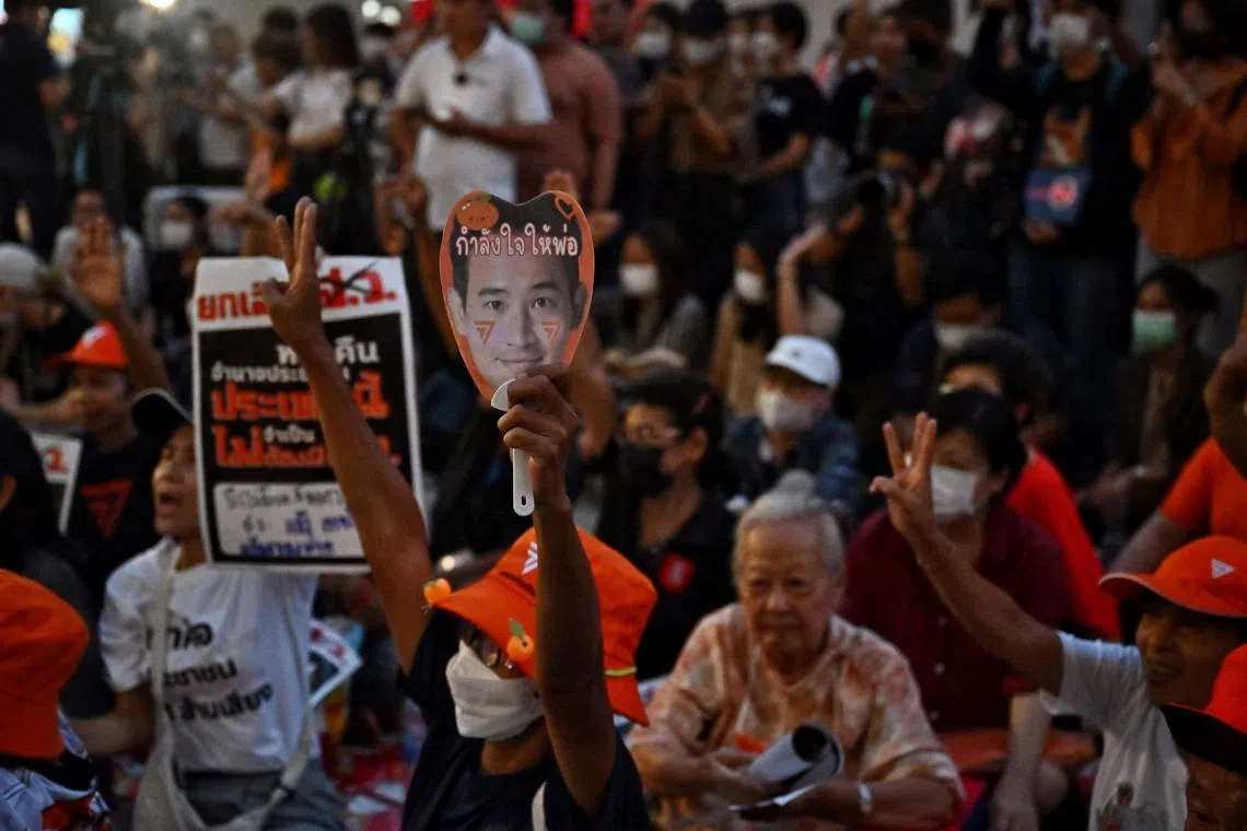 Supporters gather at a protest in Bangkok on July 14 after Move Forward Party leader Pita Limjaroenrat failed to secure the parliamentary vote for the premiership.