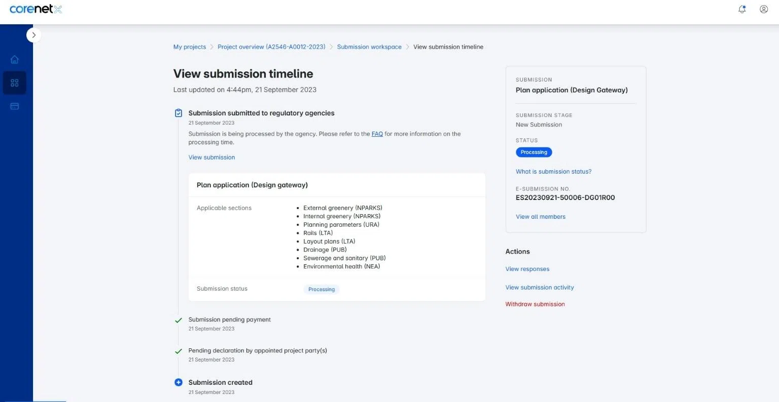 screenshot of the corenet x digital interface showing a project timeline and submission milestones with progress indicators, highlighting which regulatory clearances are completed and which tasks remain in progress for the project team