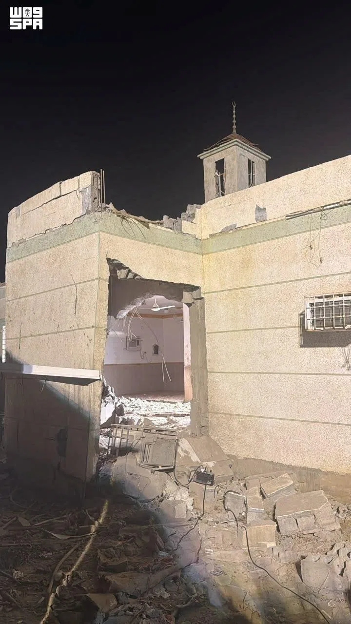 A damaged mosque in the aftermath of a projectile launched by Yemen’s Houthi group, according to Saudi Civil Defense, in Al-Tuwal, Jazan, Saudi Arabia.