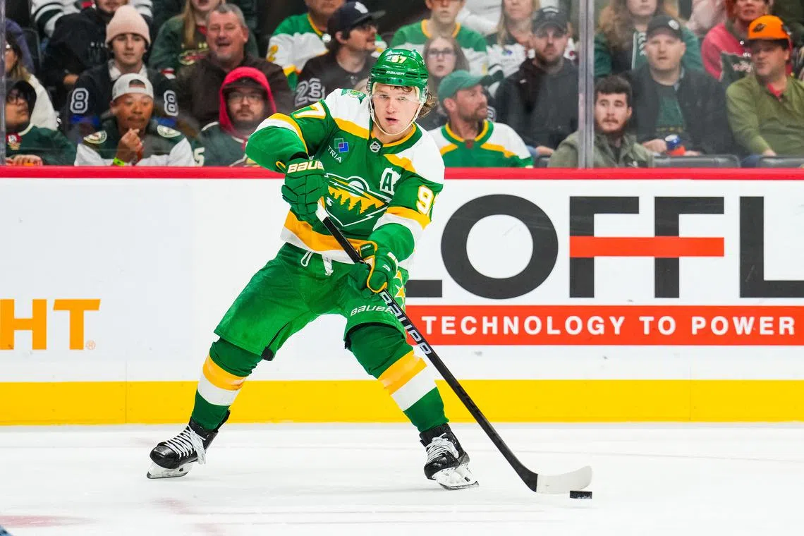 FILE PHOTO: Nov 3, 2024; Saint Paul, Minnesota, USA; Minnesota Wild left wing Kirill Kaprizov (97) passes during the second period against the Toronto Maple Leafs at Xcel Energy Center. Mandatory Credit: Brace Hemmelgarn-Imagn Images/File Photo