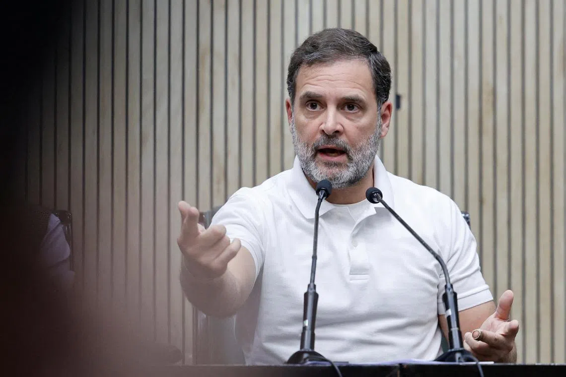 Rahul Gandhi, a senior leader of India's main opposition Congress Party, speaks to the media during a press conference in New Delhi, India, February 7, 2025. REUTERS/Sahiba Chawdhary