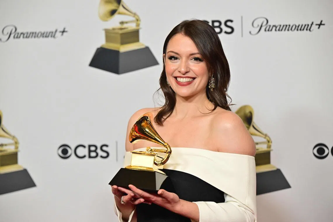 Composer Stephanie Economou holds the award for Best Score Soundtrack for Video Games and Other Interactive Media album in the press room during the 65th Annual Grammy Awards at the Crypto.com Arena in Los Angeles on Feb 5, 2023. 
