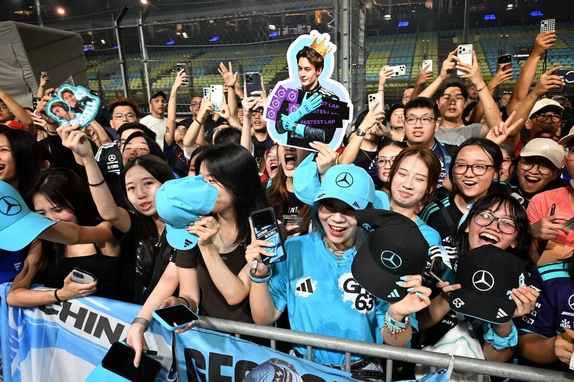 Fans of the Mercedes-AMG PETRONAS F1 Team waiting for their drivers at the F1 Pit Lane Experience on Oct 8, 2026.[NOTE: F1 photos are for editorial use only and NOT for sale.]