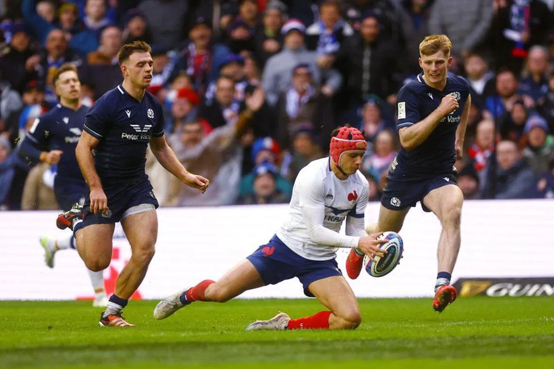 Rugby Union - Six Nations Championship - Scotland v France - Murrayfield Stadium, Edinburgh, Scotland, Britain - February 10, 2024 France's Louis Bielle-Biarrey scores a try Action Images via Reuters/Lee Smith