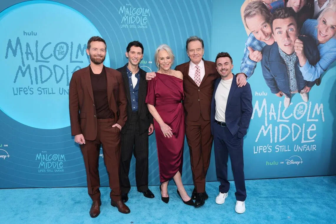 (From left) Actors Christopher Masterson, Justin Berfield, Jane Kaczmarek, Bryan Cranston and Frankie Muniz at the Malcolm in the Middle: Life's Still Unfair premiere in New York on April 7, 2026. 
