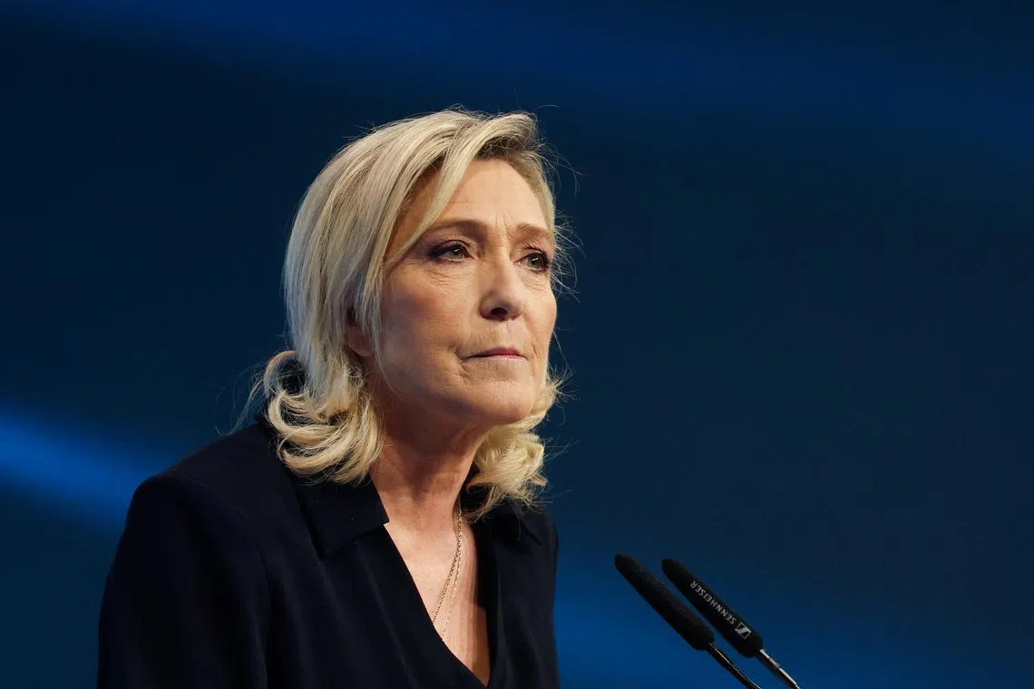 Marine Le Pen, parliamentary party leader of the French far-right National Rally (Rassemblement National-RN) party, looks on during a political rally to launch the party's campaign for the European elections, in Marseille, France, March 3, 2024. REUTERS/Gonzalo Fuentes/ File Photo