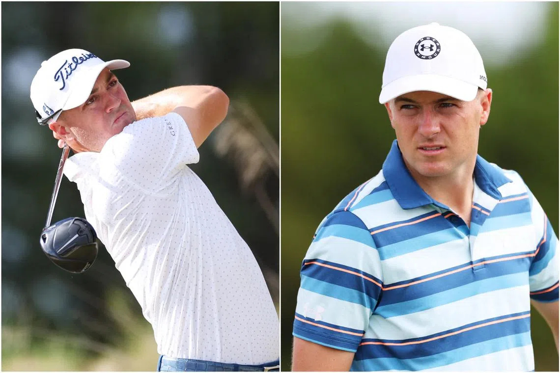 Justin Thomas (left) and Jordan Spieth combined for seven birdies in 10 holes to capture the 12-hole match-play exhibition at Pelican Golf Club in Belleair, Florida. 