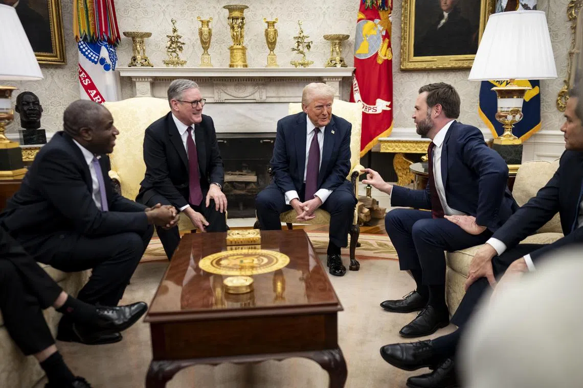(From left) British Foreign Secretary David Lammy, British Prime Minister Keir Starmer, US President Donald Trump, US Vice-President JD Vance and US Secretary of State Marco Rubio during a meeting at the White House on Feb 27.