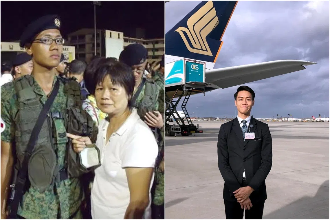 Tan Min Kai with his mother, (left) signed on as a combat medic with the Singapore Armed Forces in 2009. Tan Min Kai joined Singapore Airlines as a steward (right) in 2016, a job he held until the Covid-19 pandemic hit.