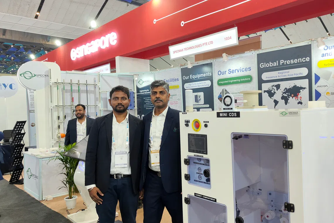 Dr. M. Gopinath (right) and Sekar Pitchaimani from Specmax Techno at SEMICON India 2026 in New Delhi.