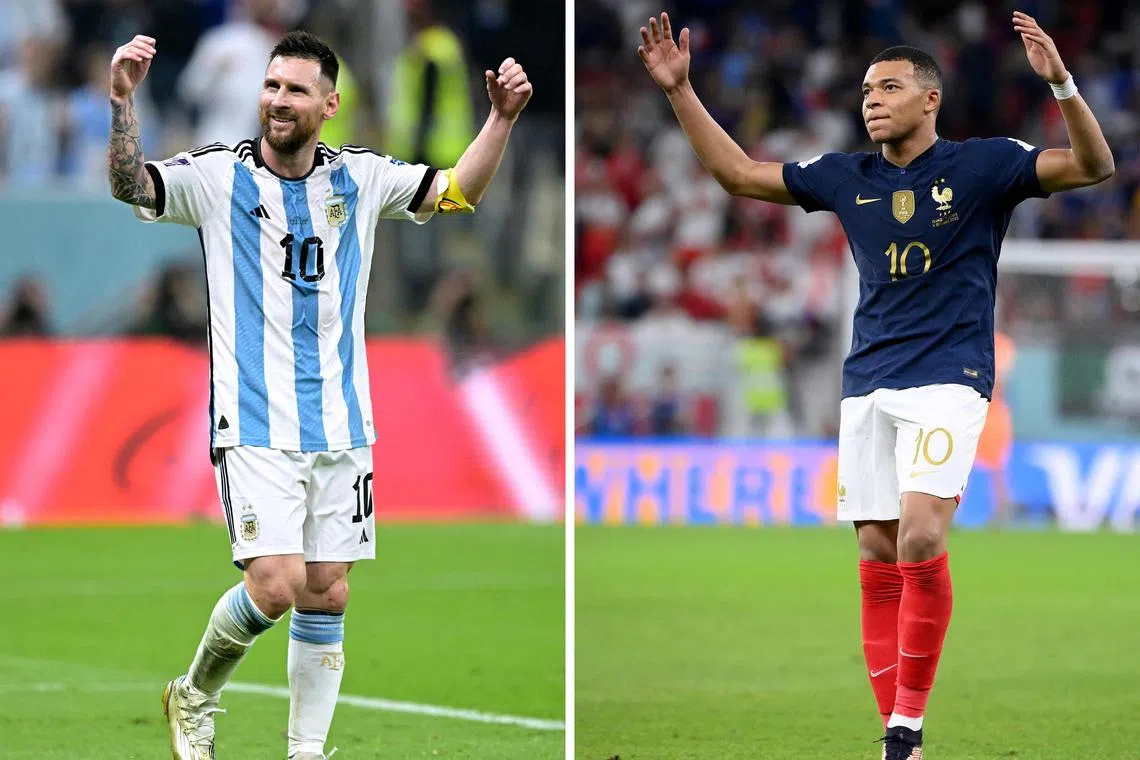 (COMBO) This combination of file photos created on December 16, 2022, shows Argentina's forward #10 Lionel Messi (L) in Lusail, north of Doha on December 13, 2022; and France's forward #10 Kylian Mbappe in Doha on December 4, 2022. - Argentina will play France in the Qatar 2022 World Cup football final match in Doha on December 18, 2022. (Photo by Juan MABROMATA and Franck FIFE / AFP)